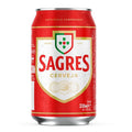 A can of Sagres beer with a red background and a white and green logo, indicating the brand's name and alcohol content of 5%.