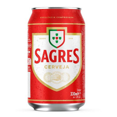A can of Sagres beer with a red background and a white and green logo, indicating the brand's name and alcohol content of 5%.