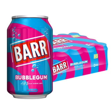 Barr Bubblegum 330ml fizzy soft drink sparkling bubblegum flavoured soda can British drink