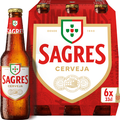 A 6 pack of Sagres beer bottles, with a prominent red and white color scheme and the Sagres logo displayed.