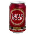 A can of Super Bock beer with a red and white label, featuring the text 'Cerveja Super Bock', indicating an alcohol content of 5.2%.
