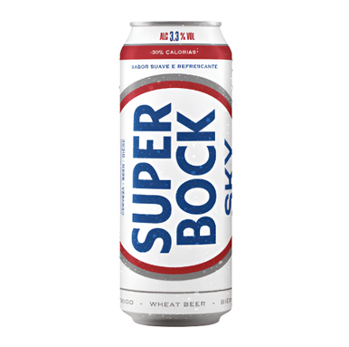 A can of Sky Super Bock beer with a predominantly white background, featuring red and blue text and graphics, indicating a wheat beer with 3.3% alcohol volume.